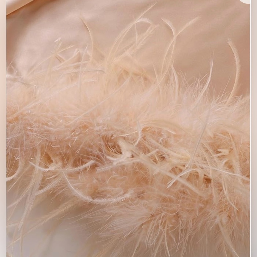 Satin Kimono Robe Long Bath Robe with Ostrich Feather Trim Robe - Picture 5 of 15